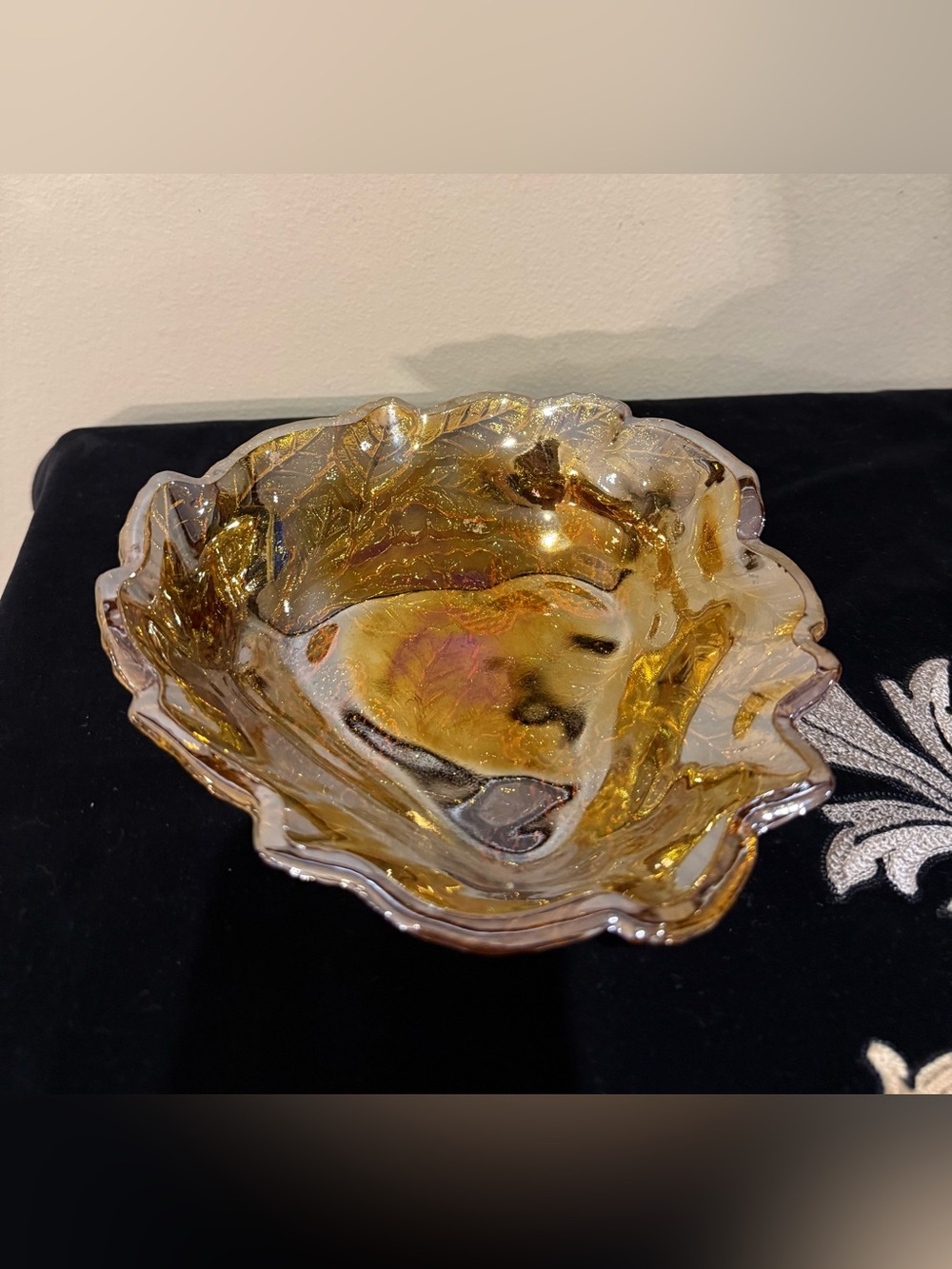 Vintage Amber Carnival Glass Footed Berry Bowl Iridescent Ruffled Leaf